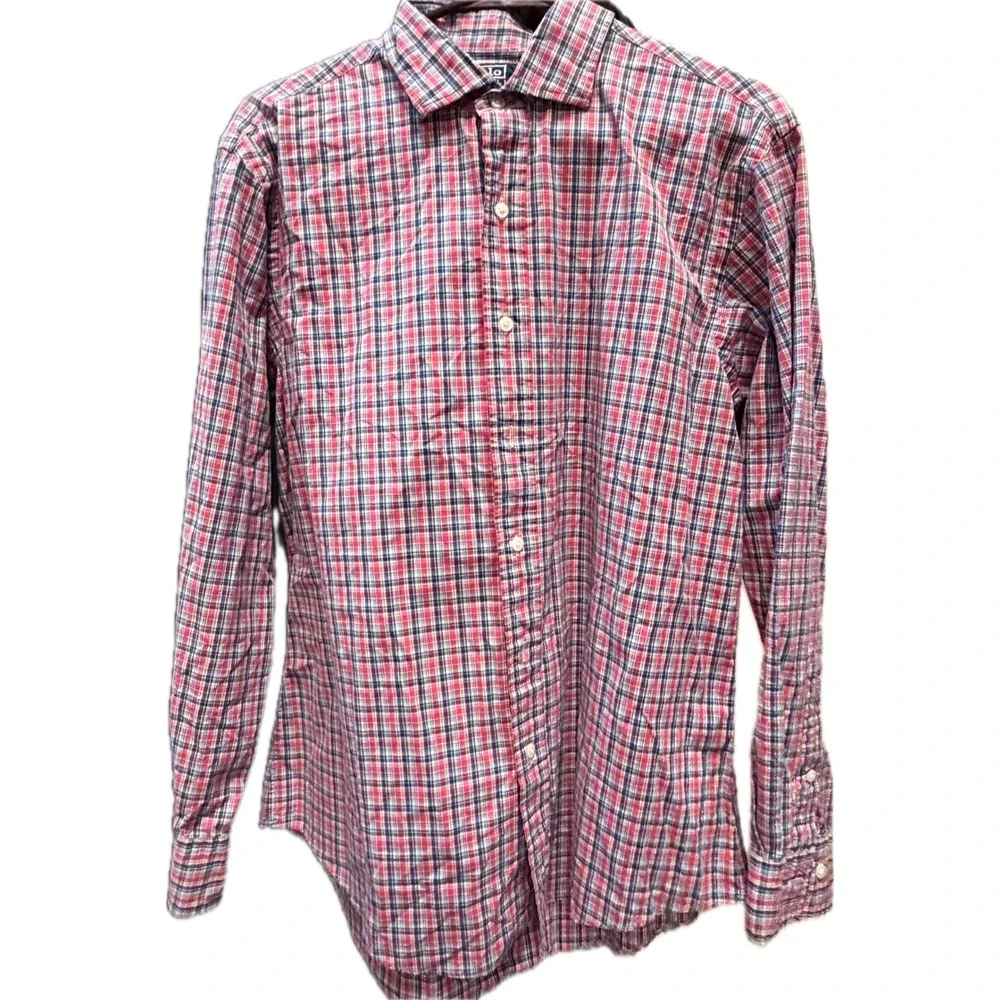 Polo Ralph Lauren Mens Estate Custom Fit Plaid Button Down Shirt Red Blue 16.5